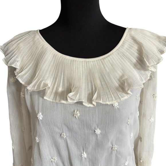 Sundance ivory Sheer Boho Blouse Floral Embroidered Pleated Ruffle Neck Size M - Picture 6 of 11
